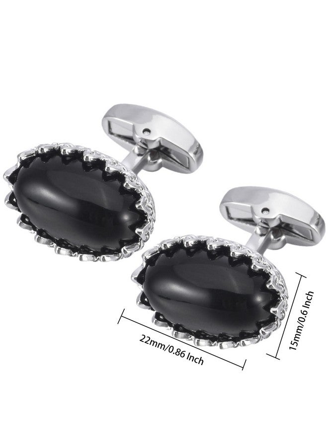 Jonwo Natural Agate Gemstone Men'S Cufflinks In Gift Case Oval Agate Stone Cufflinks For Men Jewelry For Wedding Party Business Birthday Anniversary Dress (Silver Tone Black Agate) - Image 2