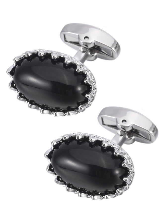 Jonwo Natural Agate Gemstone Men'S Cufflinks In Gift Case Oval Agate Stone Cufflinks For Men Jewelry For Wedding Party Business Birthday Anniversary Dress (Silver Tone Black Agate) - Image 3