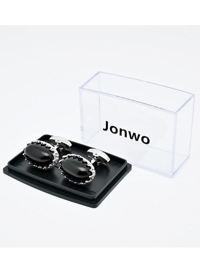 Jonwo Natural Agate Gemstone Men'S Cufflinks In Gift Case Oval Agate Stone Cufflinks For Men Jewelry For Wedding Party Business Birthday Anniversary Dress (Silver Tone Black Agate) - Image 5