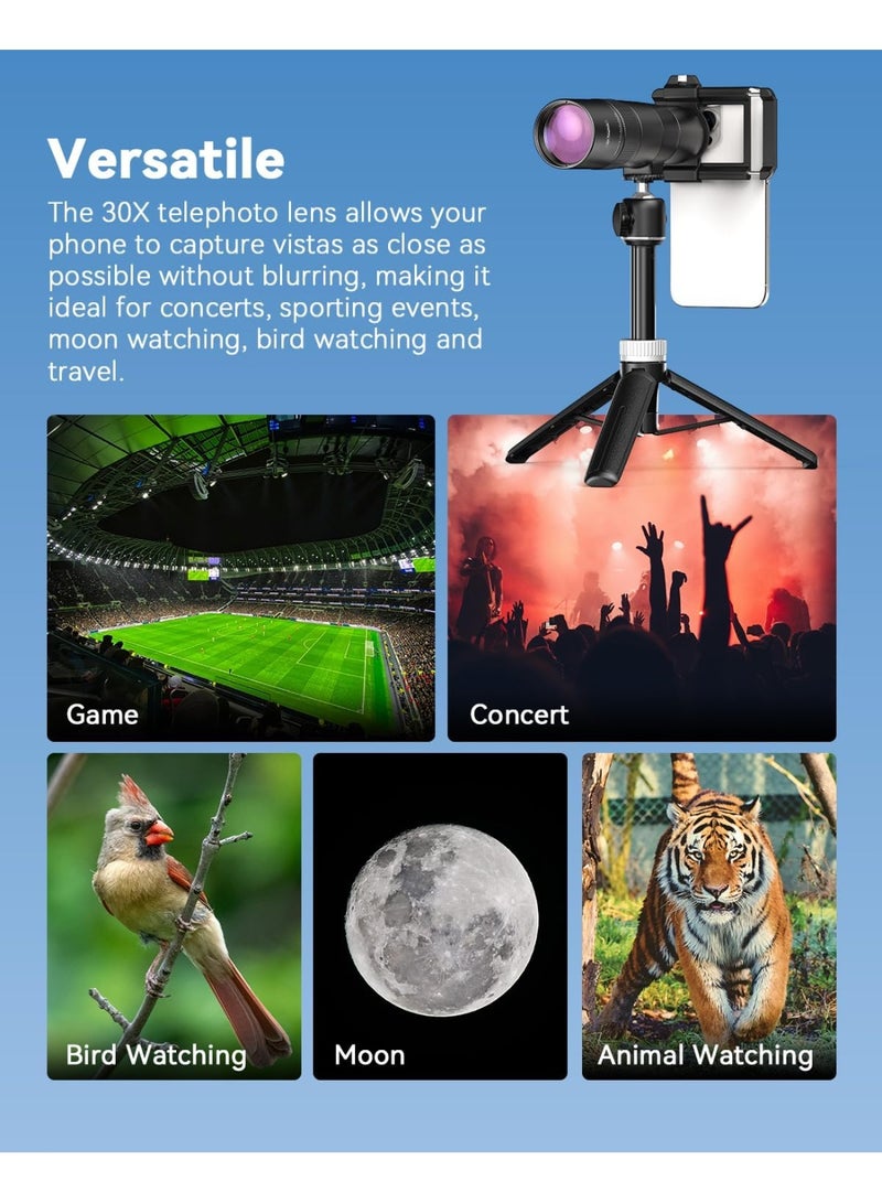 آبيكسل عدسة مقربة عالية الوضوح ٣٠x لأجهزة iPhone/Samsung/Android | عدسة كاميرا زووم للتصوير الخارجي مع مشبك عالمي للهواتف الذكية وحامل ثلاثي القوائم - Image 2