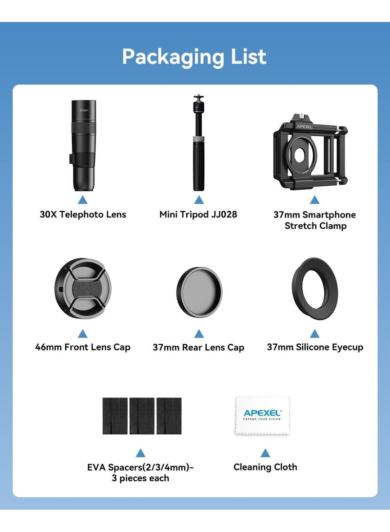 آبيكسل عدسة مقربة عالية الوضوح ٣٠x لأجهزة iPhone/Samsung/Android | عدسة كاميرا زووم للتصوير الخارجي مع مشبك عالمي للهواتف الذكية وحامل ثلاثي القوائم - Image 4