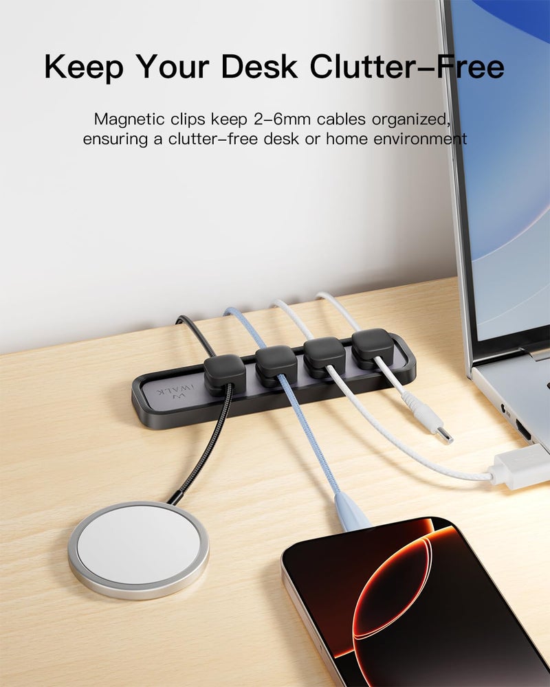 iWALK Magnetic Cable Holder,Reusable Adhesive Desktop Cord Organizer for 2-6mm Cables,4 Clips for Lightning & USB C/Micro Cables,Sticks to Wood,Glass,Metal, Marble,2-Pack,Black - Image 2