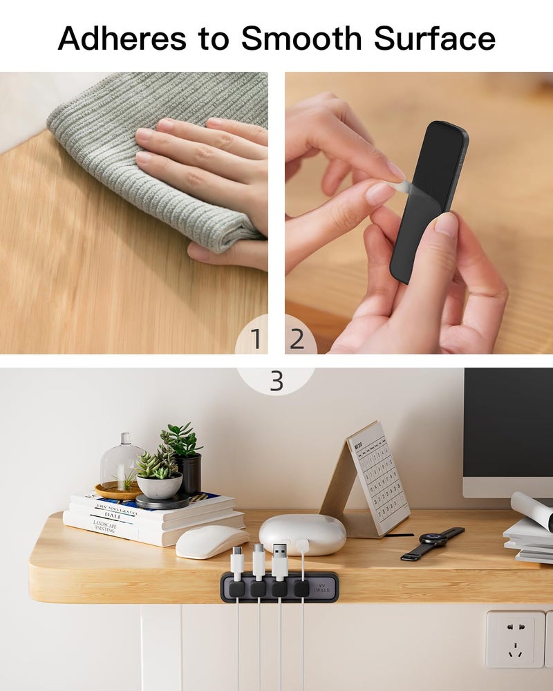 iWALK Magnetic Cable Holder,Reusable Adhesive Desktop Cord Organizer for 2-6mm Cables,4 Clips for Lightning & USB C/Micro Cables,Sticks to Wood,Glass,Metal, Marble,2-Pack,Black - Image 4