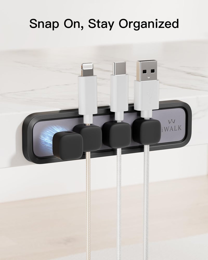 iWALK Magnetic Cable Holder,Reusable Adhesive Desktop Cord Organizer for 2-6mm Cables,4 Clips for Lightning & USB C/Micro Cables,Sticks to Wood,Glass,Metal, Marble,2-Pack,Black - Image 3
