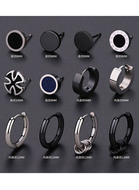 12 Pcs Black Earrings for Men, Stainless Steel Earrings Hoop Earrings Set