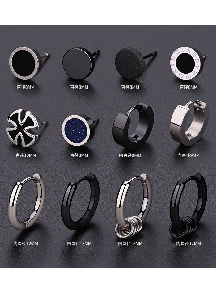 12 Pcs Black Earrings for Men, Stainless Steel Earrings Hoop Earrings Set 