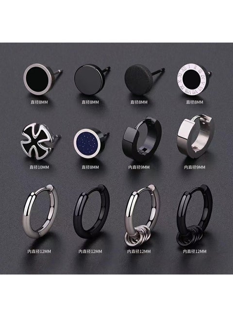 12 Pcs Black Earrings for Men, Stainless Steel Earrings Hoop Earrings Set