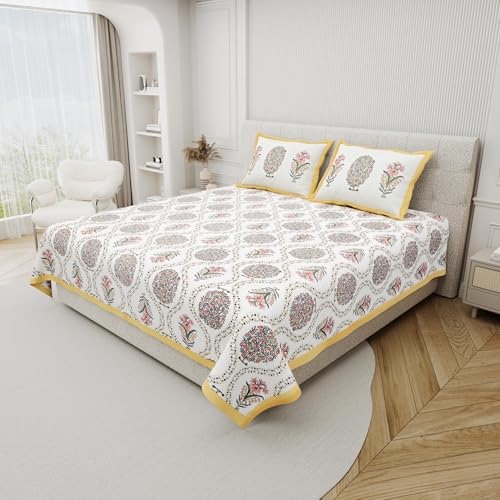 DE CAMA Since 1997 | 100% Cotton 300 TC Premium King Size Bedsheet for Double Bed (90 x 108 Inch) with 2 Pillow Covers Set (17 x 27 Inch) Hand Block Printed Bedsheet Set - Tree Yellow - Image 3