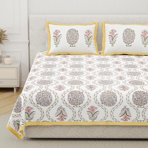 DE CAMA Since 1997 | 100% Cotton 300 TC Premium King Size Bedsheet for Double Bed (90 x 108 Inch) with 2 Pillow Covers Set (17 x 27 Inch) Hand Block Printed Bedsheet Set - Tree Yellow - Image 1