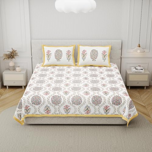 DE CAMA Since 1997 | 100% Cotton 300 TC Premium King Size Bedsheet for Double Bed (90 x 108 Inch) with 2 Pillow Covers Set (17 x 27 Inch) Hand Block Printed Bedsheet Set - Tree Yellow - Image 4