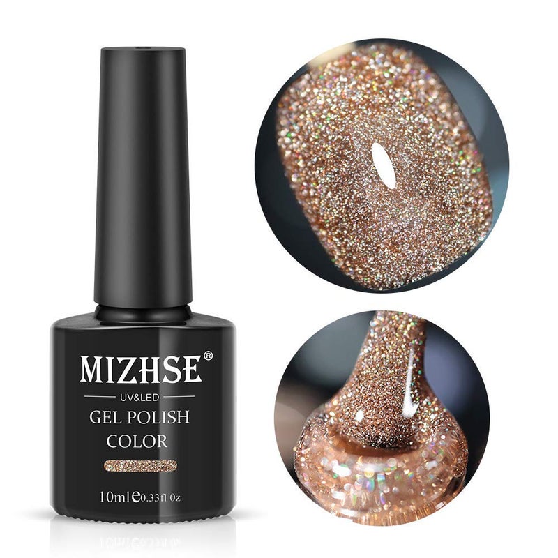 MIZHSE Reflective Gel Nail Polish, Glitter Gold Gel Polish, Sparkly Shiny Nail Effect Soak Off Nail Art Varnish for Beginners DIY at Home - Image 1