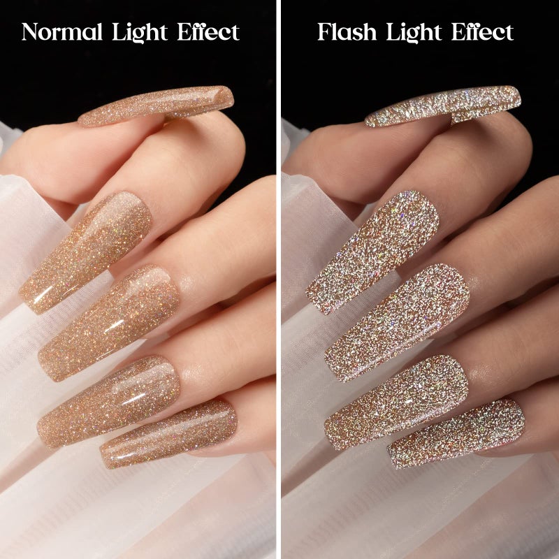 MIZHSE Reflective Gel Nail Polish, Glitter Gold Gel Polish, Sparkly Shiny Nail Effect Soak Off Nail Art Varnish for Beginners DIY at Home - Image 4