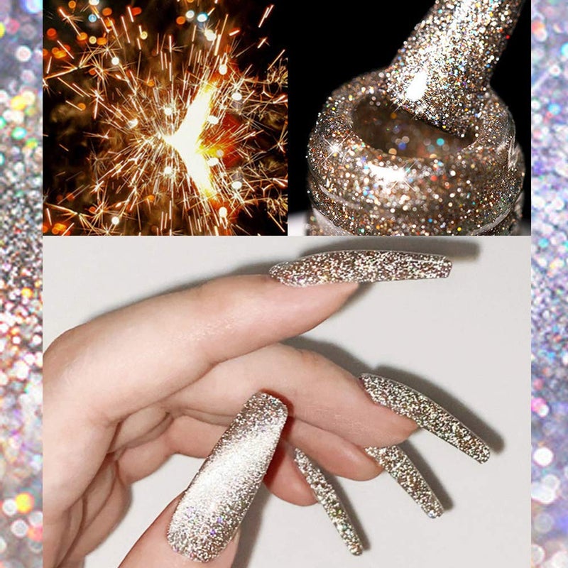 MIZHSE Reflective Gel Nail Polish, Glitter Gold Gel Polish, Sparkly Shiny Nail Effect Soak Off Nail Art Varnish for Beginners DIY at Home - Image 3