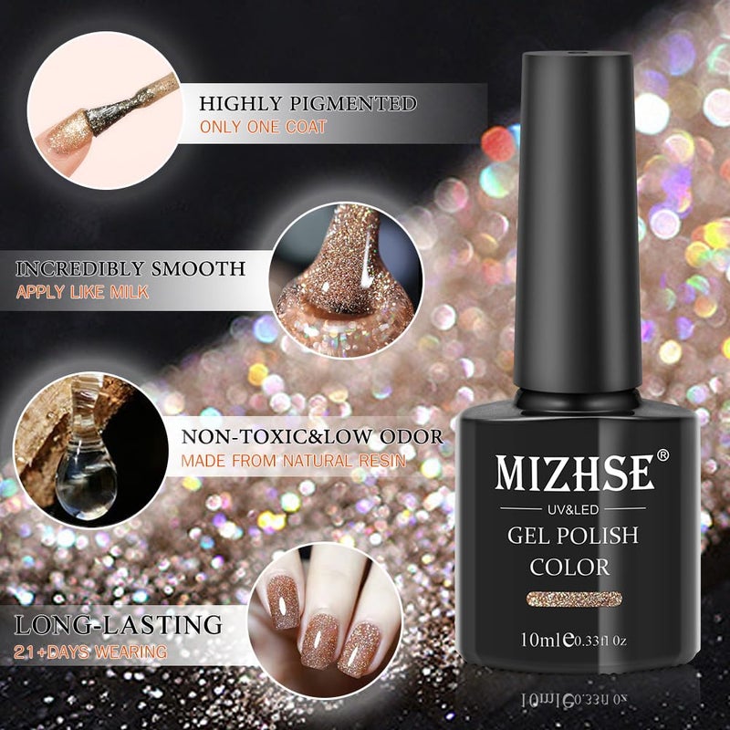 MIZHSE Reflective Gel Nail Polish, Glitter Gold Gel Polish, Sparkly Shiny Nail Effect Soak Off Nail Art Varnish for Beginners DIY at Home - Image 5