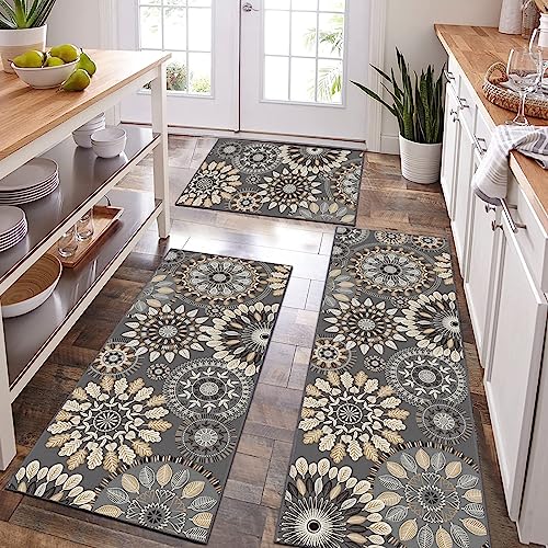 Bsmathom Boho Kitchen Rug Mat Sets 3 Piece, Farmhouse Non Slip Kitchen Rug Runner, Washable Non Skid Kitchen Rugs, Bohemian Kitchen Floor Mat for Hallway Entryway Laundry Room - Image 1