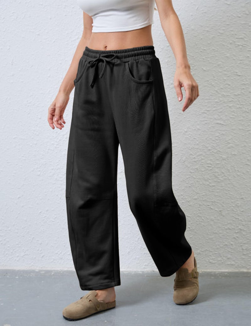SeekMe Women's Barrel Leg Sweatpant Drawstring Elastic Waisted Wide Leg Pants Casual Cotton Palazzo Trousers with Pockets (0009-Black-L) - Image 4