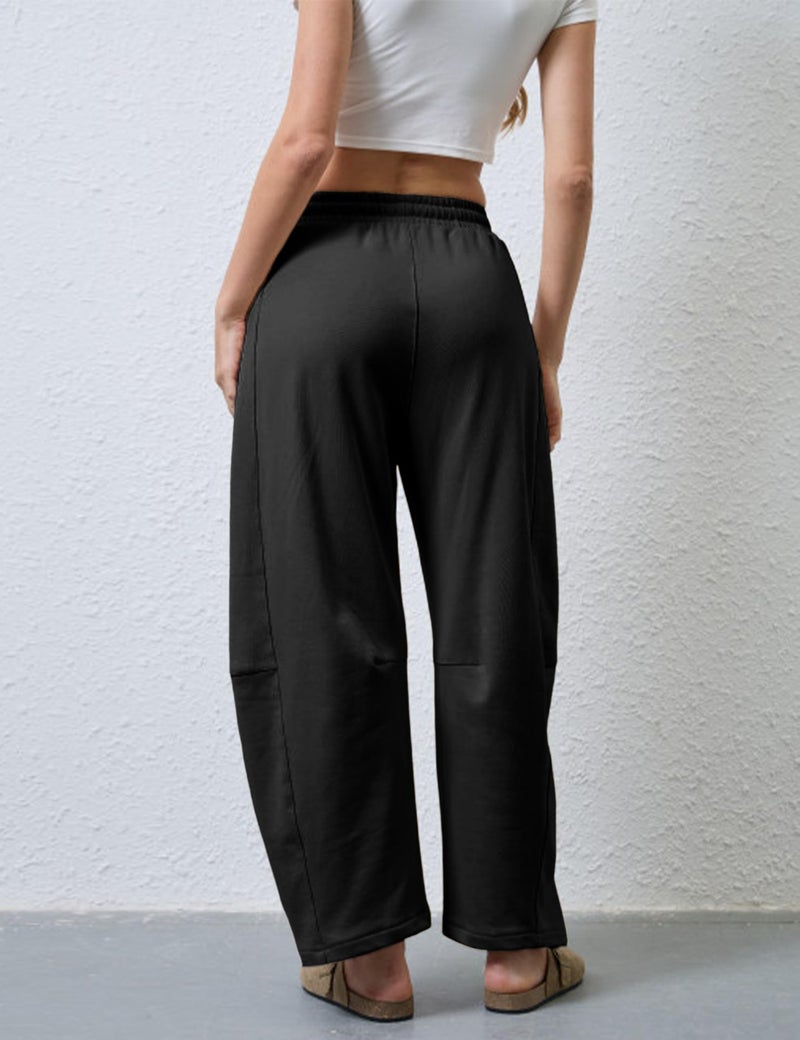 SeekMe Women's Barrel Leg Sweatpant Drawstring Elastic Waisted Wide Leg Pants Casual Cotton Palazzo Trousers with Pockets (0009-Black-L) - Image 3
