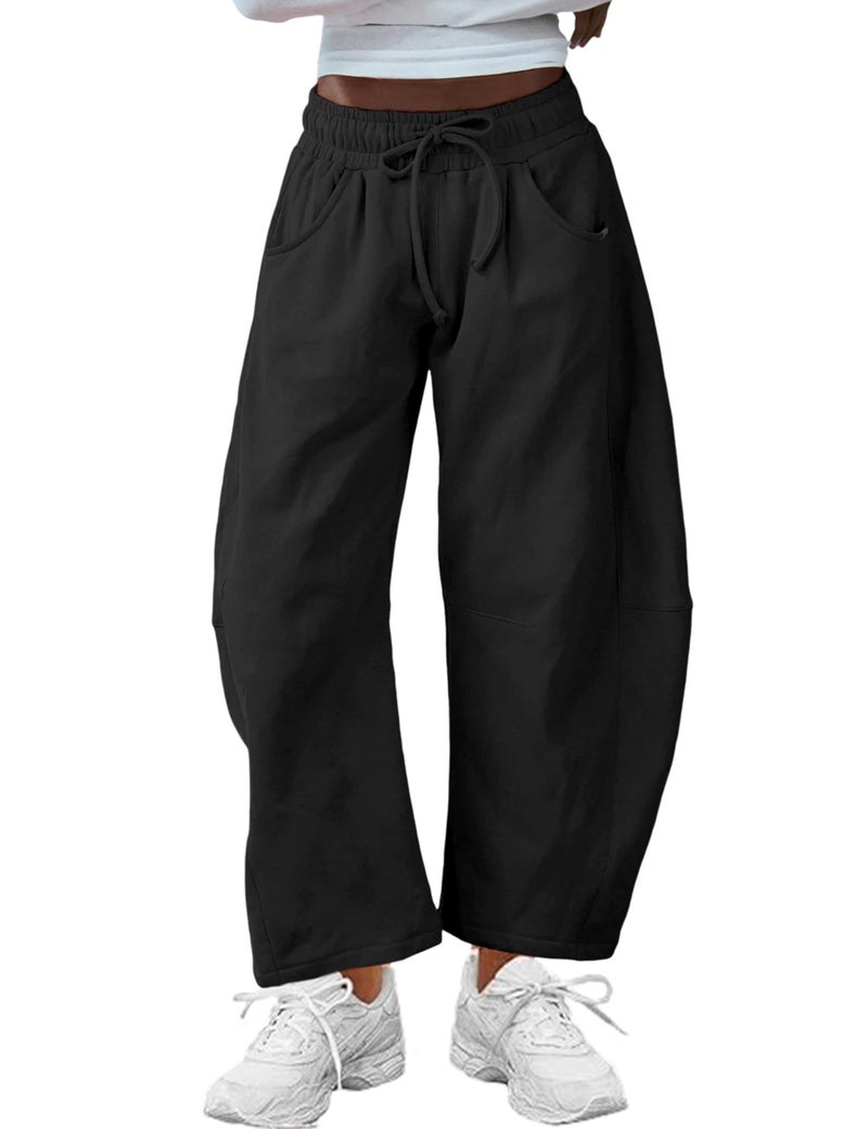 SeekMe Women's Barrel Leg Sweatpant Drawstring Elastic Waisted Wide Leg Pants Casual Cotton Palazzo Trousers with Pockets (0009-Black-L) - Image 1