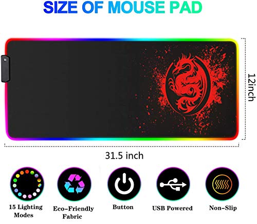trvaago Large Anime Dragon Keyboard Mat - 15 Light Modes, High Performance, Extended Mouse Pad & Keyboard Mat Combined - Gaming Mat 31.5 X 12in (Red) - Image 2
