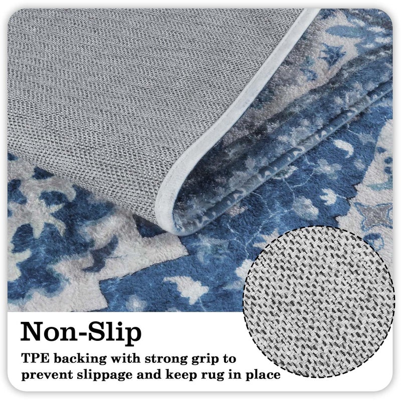 Uphome Boho Retro Bathroom Rug Runner Blue Non-Slip Soft Bath Mat Oriental Tribal Machine Washable Bath Rug Traditional Farmhouse Floral Long Rug for Shower Sink Entrance  18x47 inch - Image 2