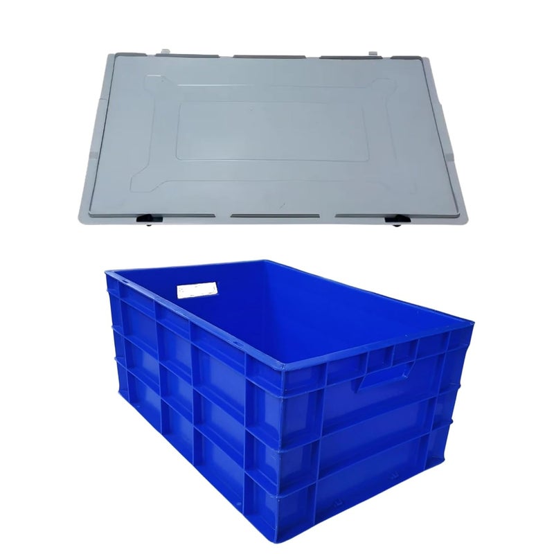 SINGHAL SINGHAL Plastic Crate with Lid 600x400x285 MM Multipurpose Heavy Duty Big Blue Portable Crates for storage Shelf Basket for Large Storage Bin Vegetable Fruit Milk  - Image 1