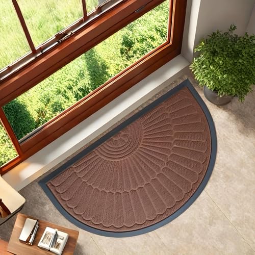 Prisha Cart Semi-Circle Durable Rubber Non Slip Front Door Mat for Outside Inside Entry Entryway | Dirt Trapper Welcome Mat for Muddy Paws and Shoes, Brown, 45x75 cm - Image 3