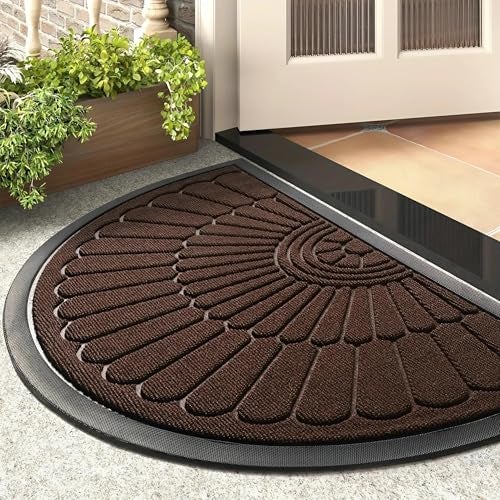 Prisha Cart Semi-Circle Durable Rubber Non Slip Front Door Mat for Outside Inside Entry Entryway | Dirt Trapper Welcome Mat for Muddy Paws and Shoes, Brown, 45x75 cm - Image 1