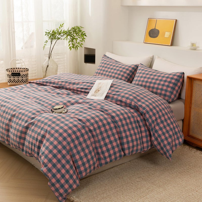 ECOCOTT Duvet Cover Queen Size, 100% Washed Cotton Linen-Like Soft & Breathable, Durable Comfy Bedding Set for All Seasons, Purple Pink Plaid - Image 5