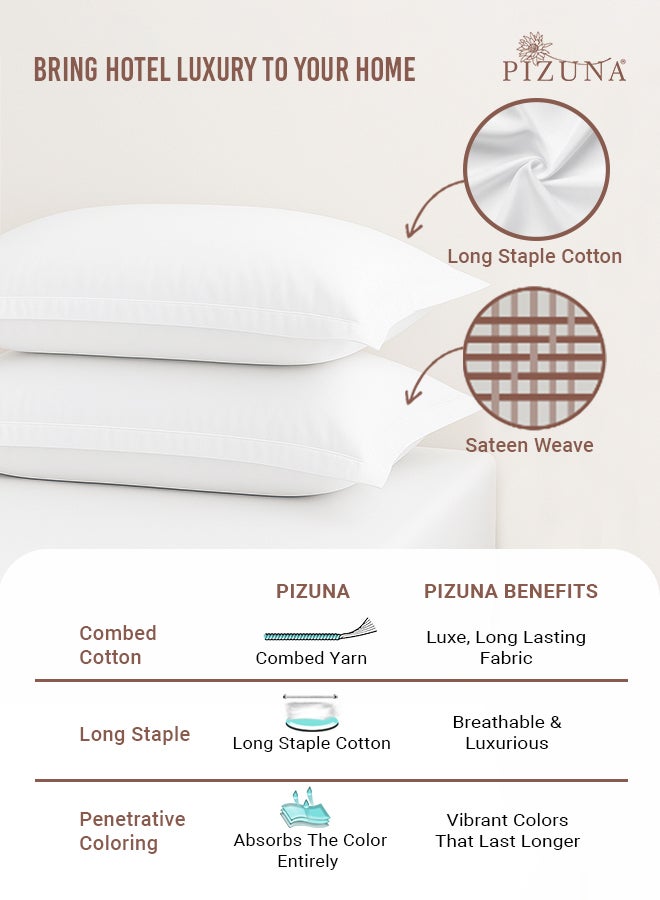 PIZUNA Pure Combed Cotton Standard Pillow Cases 50x75 cm White, 400 Thread Count Soft Luxurious 100% Long Staple Cotton Sateen Weave Pillow Cover With 5cm Hem (Cooling Pillowcase - 2 PC) - Image 2