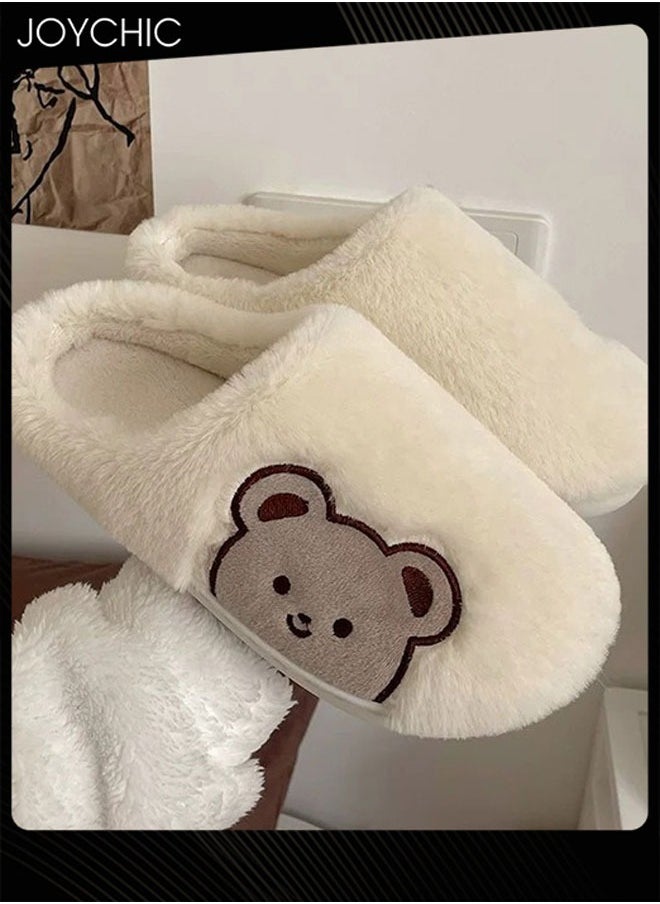 Joychic سليببمار قطنية نسائية بتصميم دب جميل شتاء وخريف منزلية داخلية غير قابلة للانزلاق سميكة مريحة بقاعدة ناعمة دافئة لغرفة النوم للنساء بيضاء  - Image 3