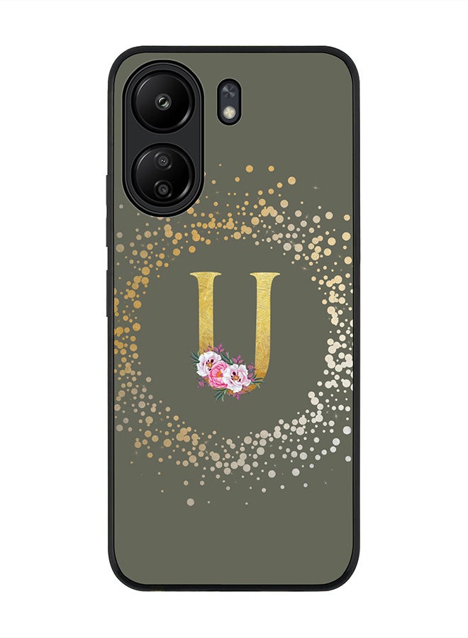 Stylizedd Rugged Black edge case for Xiaomi Poco C65 Case Cover- Custom Monogram Initial Letter Floral Pattern Alphabet-U  (Olive Green ) - Image 1