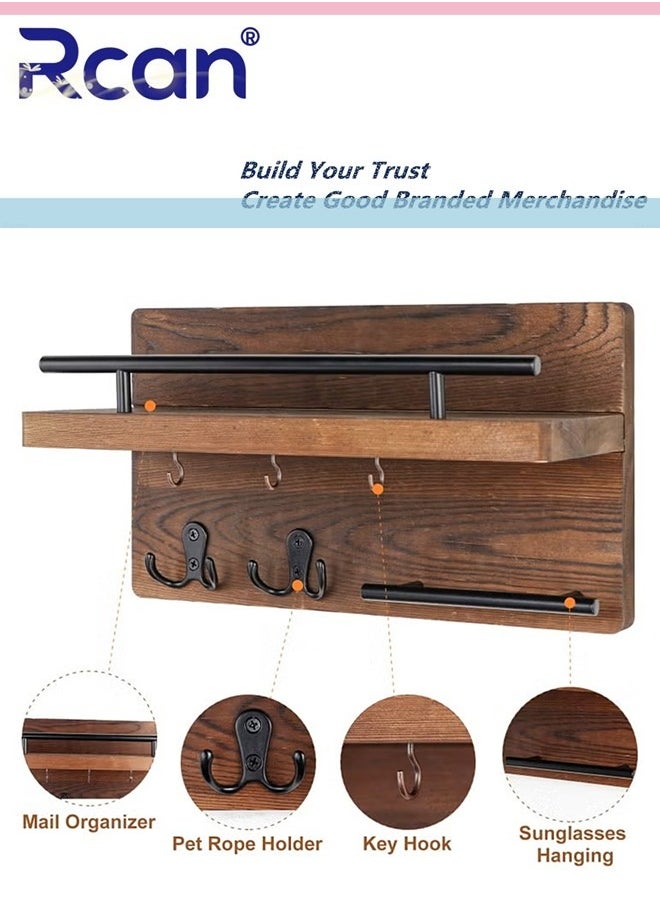 Rcan Modern Style Wooden Wall Decorative Hanging Shelves with 5 Hooks Home Decor for Hallway Entryway Mudroom Office  - Image 3