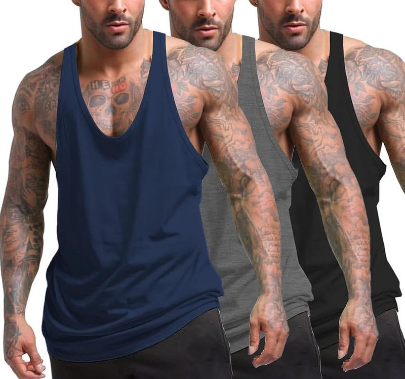 THE BLAZZE Men's Tank Tops Muscle Gym Bodybuilding Vest Fitness Workout Train Stringers Workout Vets for Men L2630 0001 (XL, NVY_DGY_BLK) - Image 4