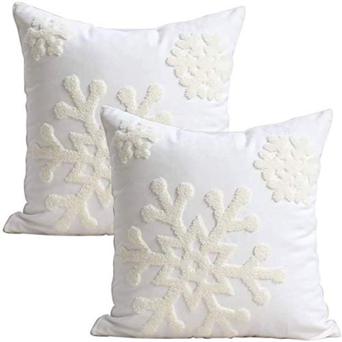 18X18 SOFT CANVAS CHRISTMAS WINTER SNOWFLAKE STYLE COTTON LINEN EMBROIDERY THROW PILLOWS COVERS WINVISIBLE ZIPPER FOR BED SOFA CUSHION PILLOWCASES FOR KIDS BEDDING 1 PAIR WHITE
