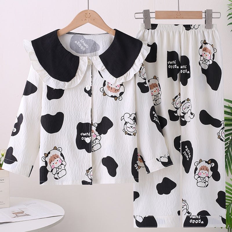 Summer Girls Long Sleeve Cloud Cotton Baby Cardigan Children'S Pajamas Girls Thin Doll Collar Middle And Big Children'S Home Clothes Suit - Image 3