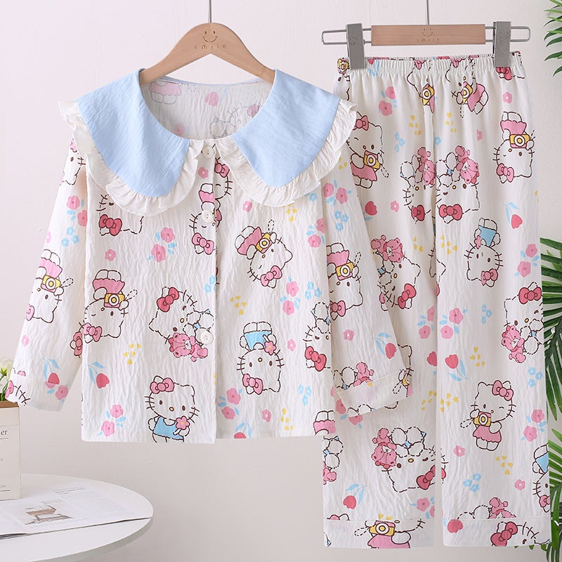 Summer Girls Long Sleeve Cloud Cotton Baby Cardigan Children'S Pajamas Girls Thin Doll Collar Middle And Big Children'S Home Clothes Suit - Image 4