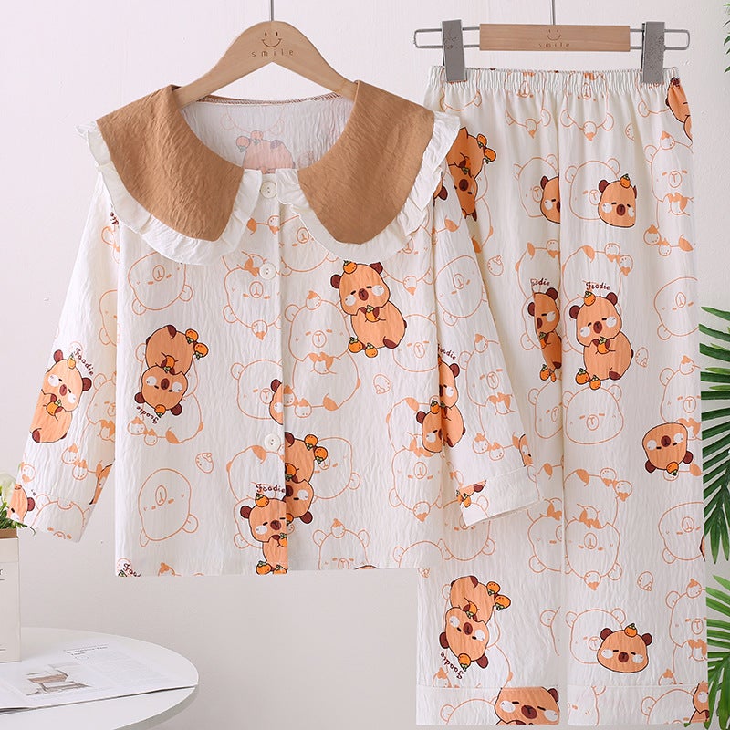 Summer Girls Long Sleeve Cloud Cotton Baby Cardigan Children'S Pajamas Girls Thin Doll Collar Middle And Big Children'S Home Clothes Suit - Image 1