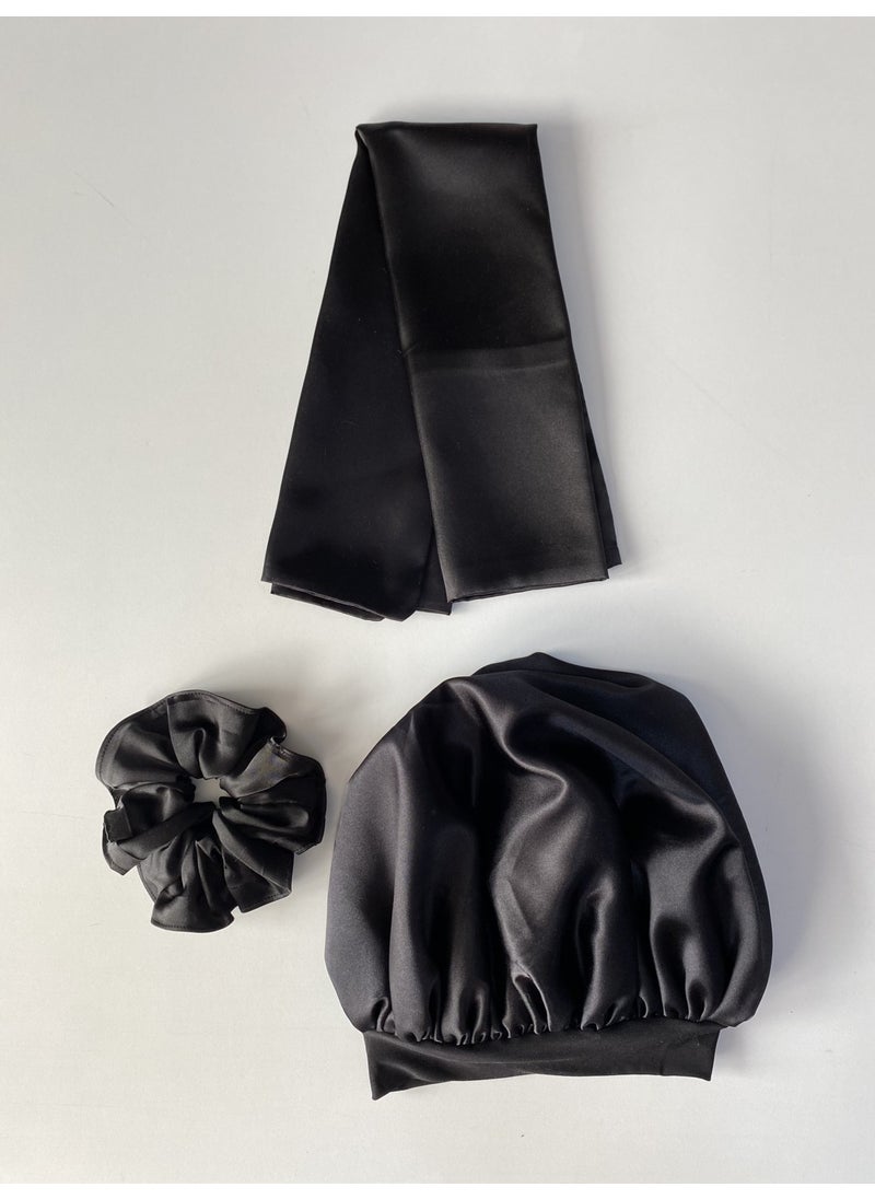 Pistore Black Satin Bonnet, Pillow and Buckle Set for Curly Hair  - Image 1