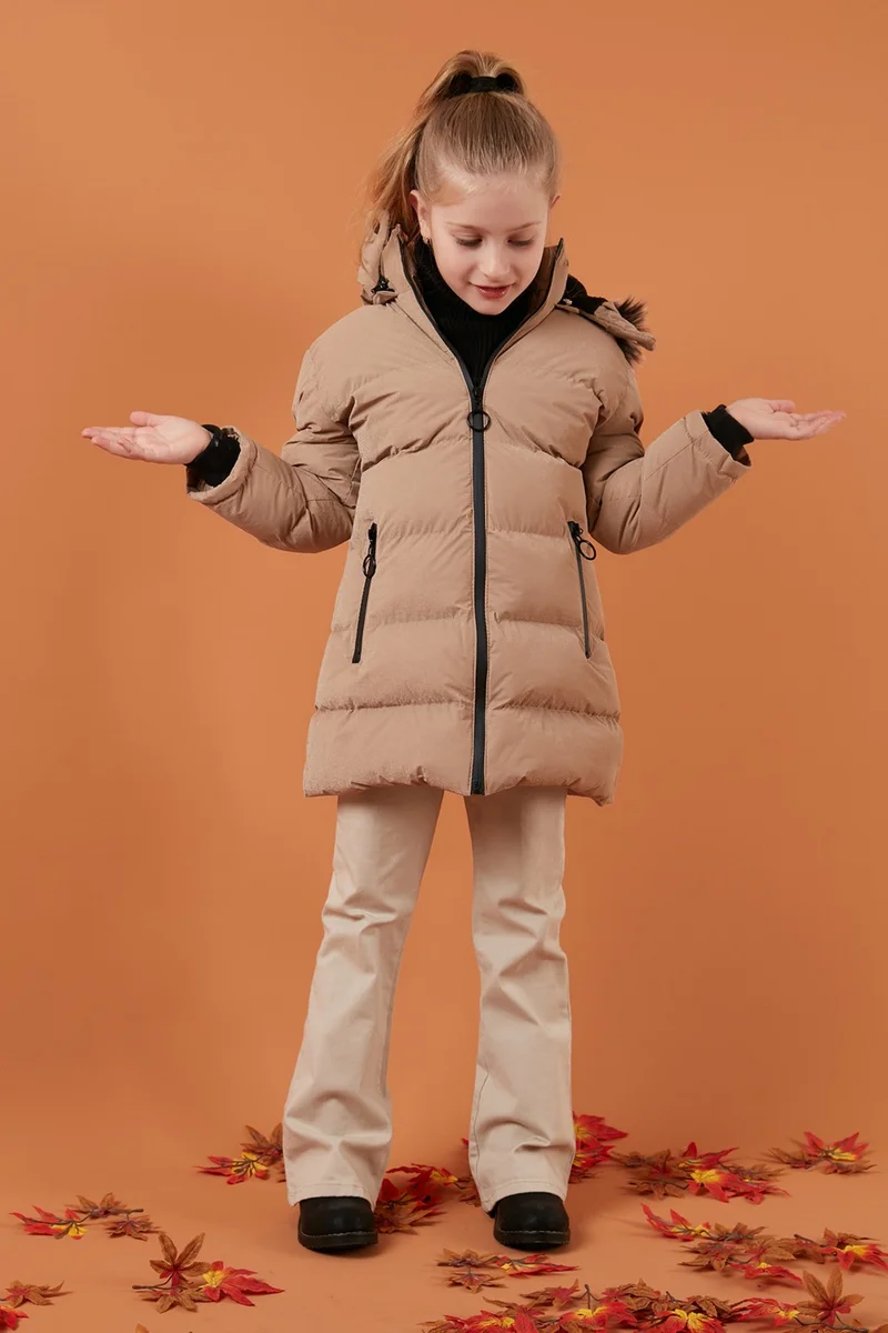 Lela Collar Faux Fur Plush Lined Removable Hooded Slim Cut Winter Coat Girls' COAT 5760002
