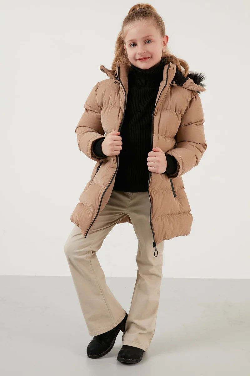 Lela Collar Faux Fur Plush Lined Removable Hooded Slim Cut Winter Coat Girls' COAT 5760002