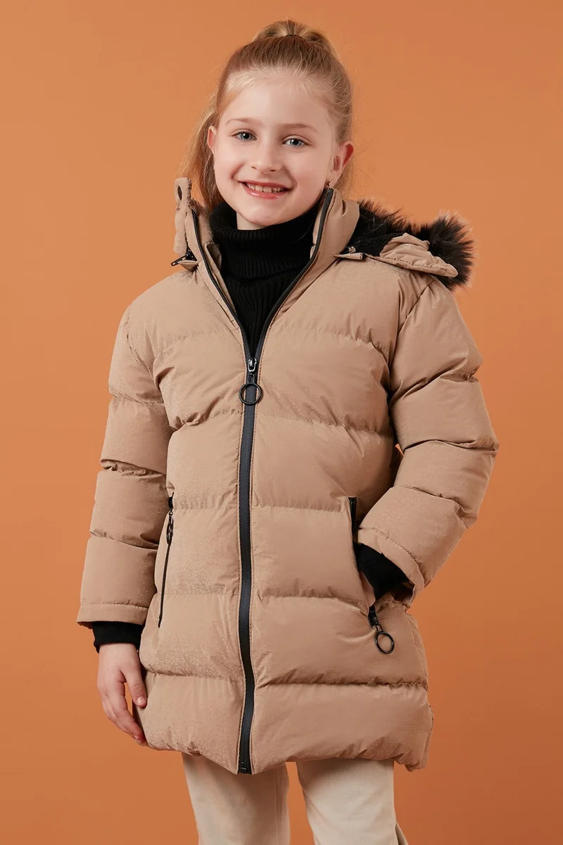 Lela Collar Faux Fur Plush Lined Removable Hooded Slim Cut Winter Coat Girls' COAT 5760002