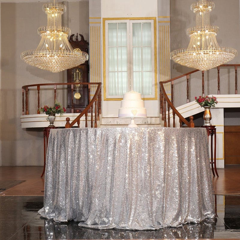 PartyDelight Silver Sequin Tablecloth Round 108 Table Linen for Wedding Banquet Party