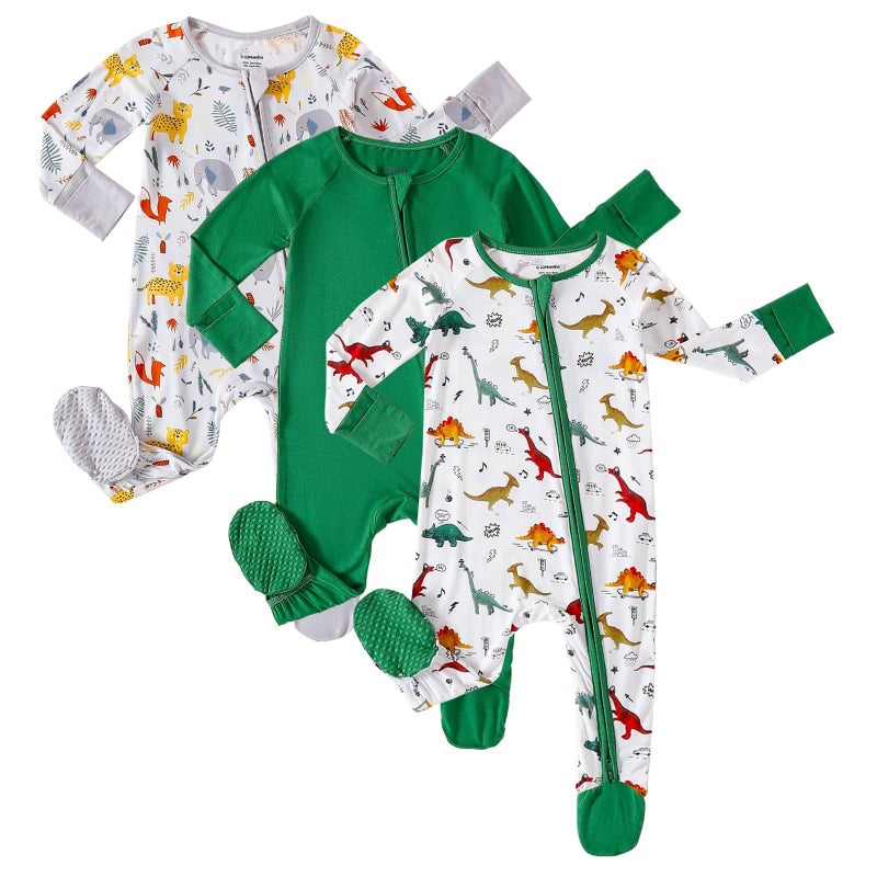 OPAWO Baby Boy Pajamas 3 Pack Dubble Zipper Newborn Footie Pajamas with Mitten Cuffs Infant Sleepers for Baby Girl OnsiesAnimalsDinosaursGreen03 Months - Image 2