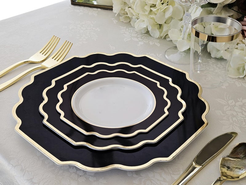 OCCASIONS FINEST PLA "" OCCASIONS "" 50 Plates Pack (25 Guests)-Heavyweight Wedding Party Disposable Plastic Plate Set -(25x10.5'' Dinner + 25x8'' Salad/dessert (Imperial in Black & Gold) - Image 3