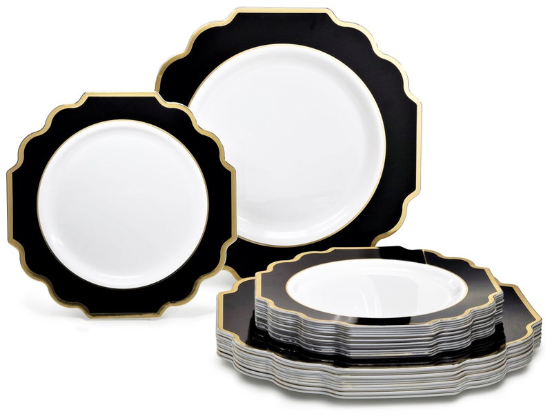 OCCASIONS FINEST PLA "" OCCASIONS "" 50 Plates Pack (25 Guests)-Heavyweight Wedding Party Disposable Plastic Plate Set -(25x10.5'' Dinner + 25x8'' Salad/dessert (Imperial in Black & Gold) - Image 1