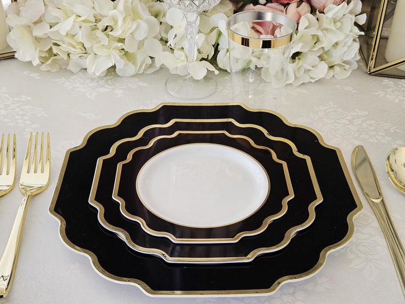 OCCASIONS FINEST PLA "" OCCASIONS "" 50 Plates Pack (25 Guests)-Heavyweight Wedding Party Disposable Plastic Plate Set -(25x10.5'' Dinner + 25x8'' Salad/dessert (Imperial in Black & Gold) - Image 4