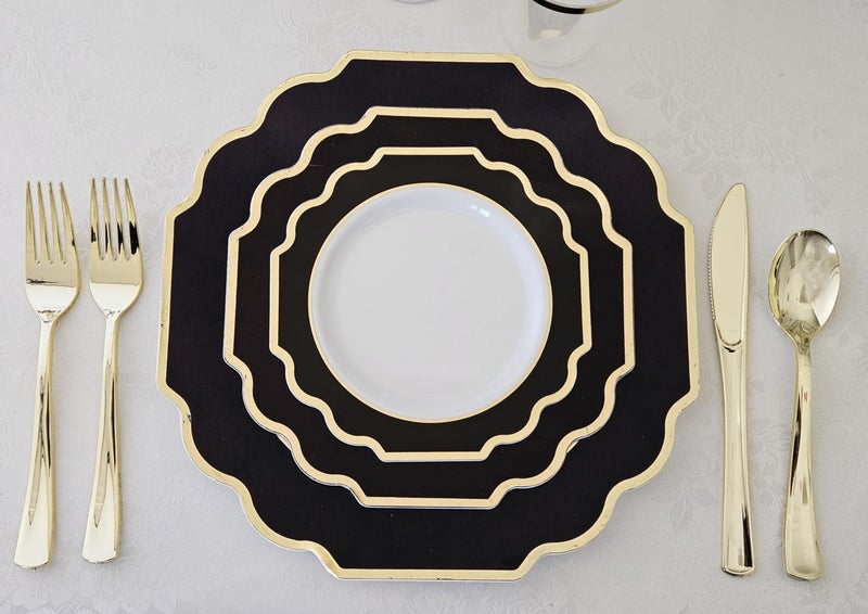 OCCASIONS FINEST PLA "" OCCASIONS "" 50 Plates Pack (25 Guests)-Heavyweight Wedding Party Disposable Plastic Plate Set -(25x10.5'' Dinner + 25x8'' Salad/dessert (Imperial in Black & Gold) - Image 2