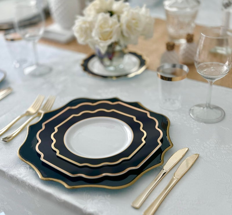 OCCASIONS FINEST PLA "" OCCASIONS "" 50 Plates Pack (25 Guests)-Heavyweight Wedding Party Disposable Plastic Plate Set -(25x10.5'' Dinner + 25x8'' Salad/dessert (Imperial in Black & Gold) - Image 5