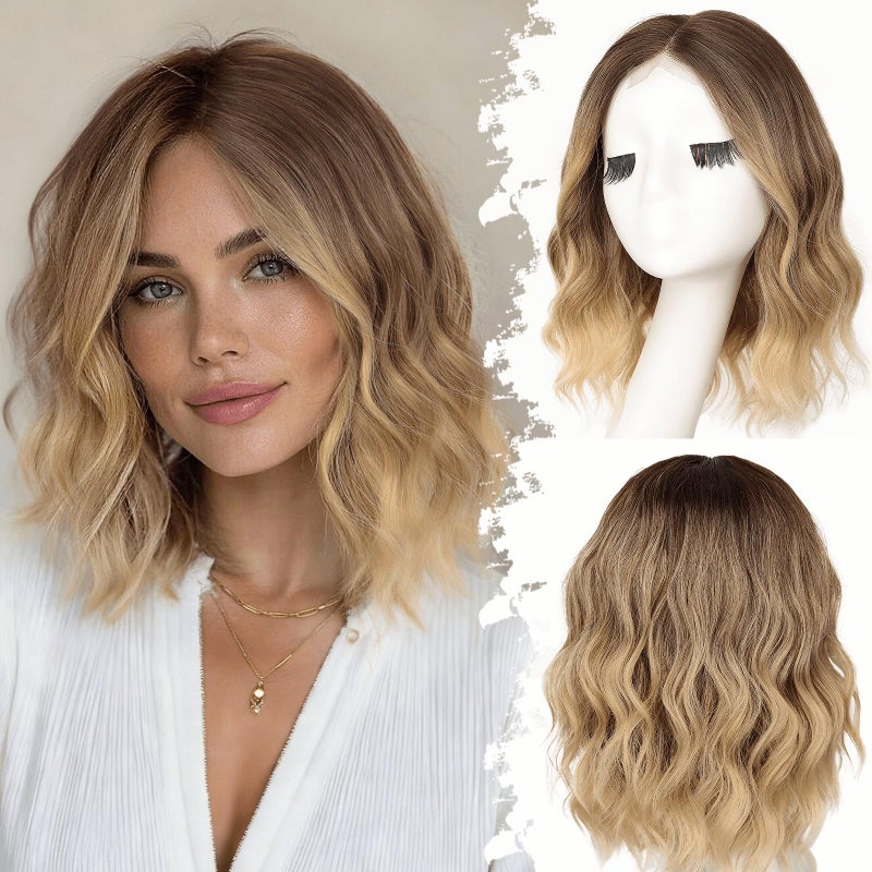 Eawwii Brown to Blonde Short Wavy Wig for Women Lace Hairline Bob Style Synthetic Heat Resistant Natural Appearance for Everyday Hairstyle 14 Inch - Image 2