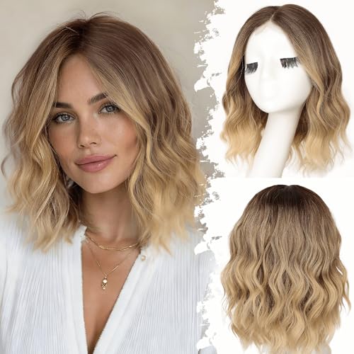 Eawwii Brown to Blonde Short Wavy Wig for Women Lace Hairline Bob Style Synthetic Heat Resistant Natural Appearance for Everyday Hairstyle 14 Inch - Image 1